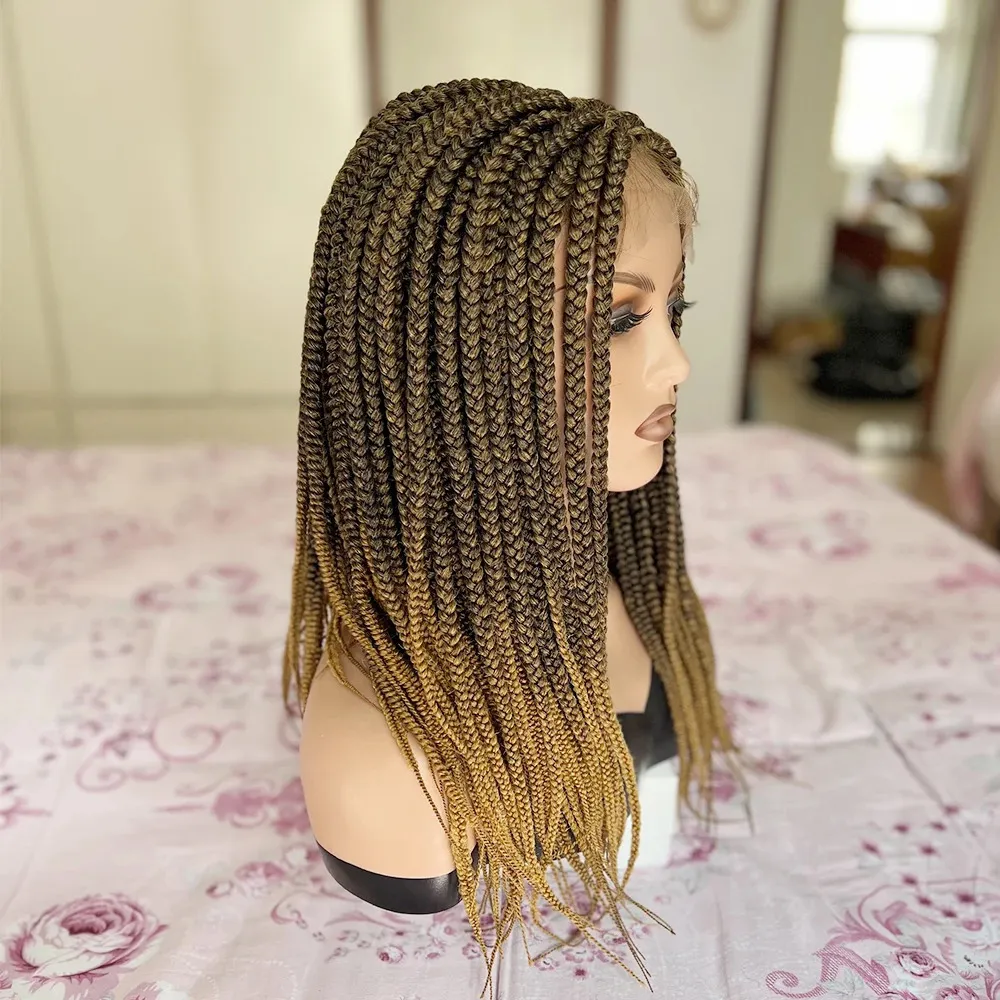 Siyah kadınlar için kısa 20 30 inç örgülü peruk ombre renk tığ işi kutusu örgülü dantel ön peruk Afrika sentetik örgü saç peruk 240226