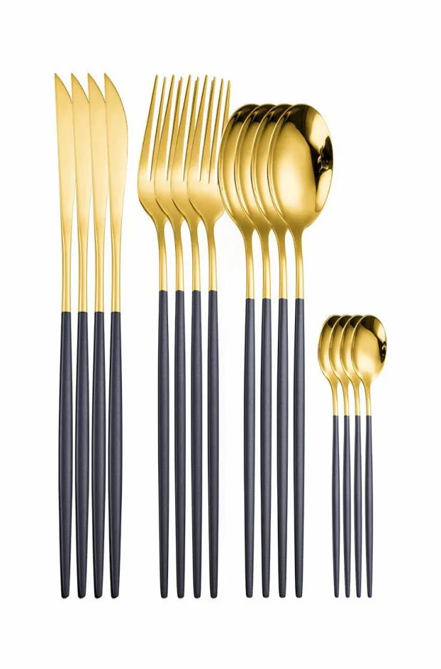Conjunto de talheres de aço inoxidável, colher e garfo, conjunto de talheres dourados de colheres e garfos, 16 peças, conjunto de louça de ouro preto 2011169428902
