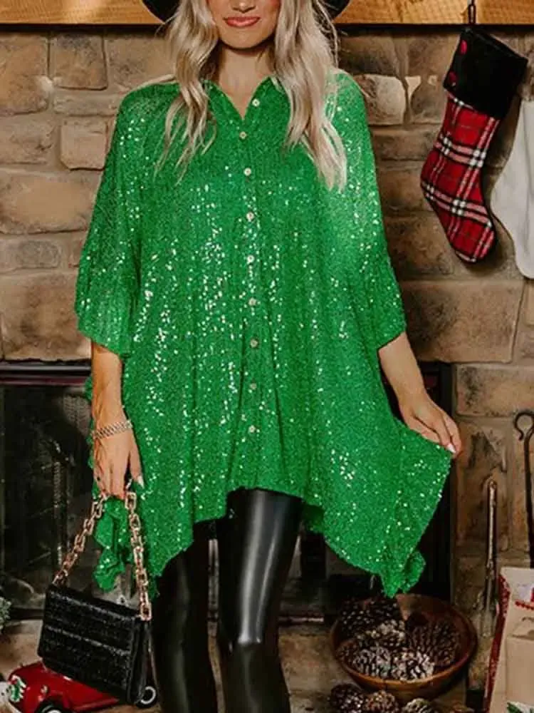 Camicia Camicie con paillettes per le donne Festa di Natale Moda Camicie con maniche a pipistrello irregolari Bloule Donna Casual Loose Street Blusa Top Rosso