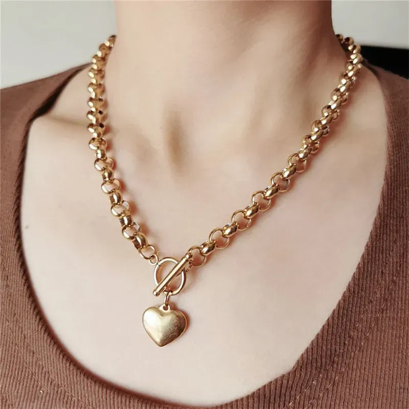 Chaîne à maillons en or jaune 14 carats, ensemble de bijoux tendance avec grand cœur pour femmes et filles