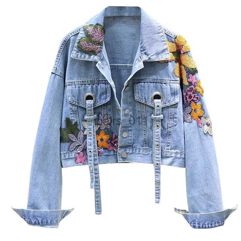 レディースジャケットジャケットスプリングデニム女性ファッション刺繍スパンコンショートジーンズ240305