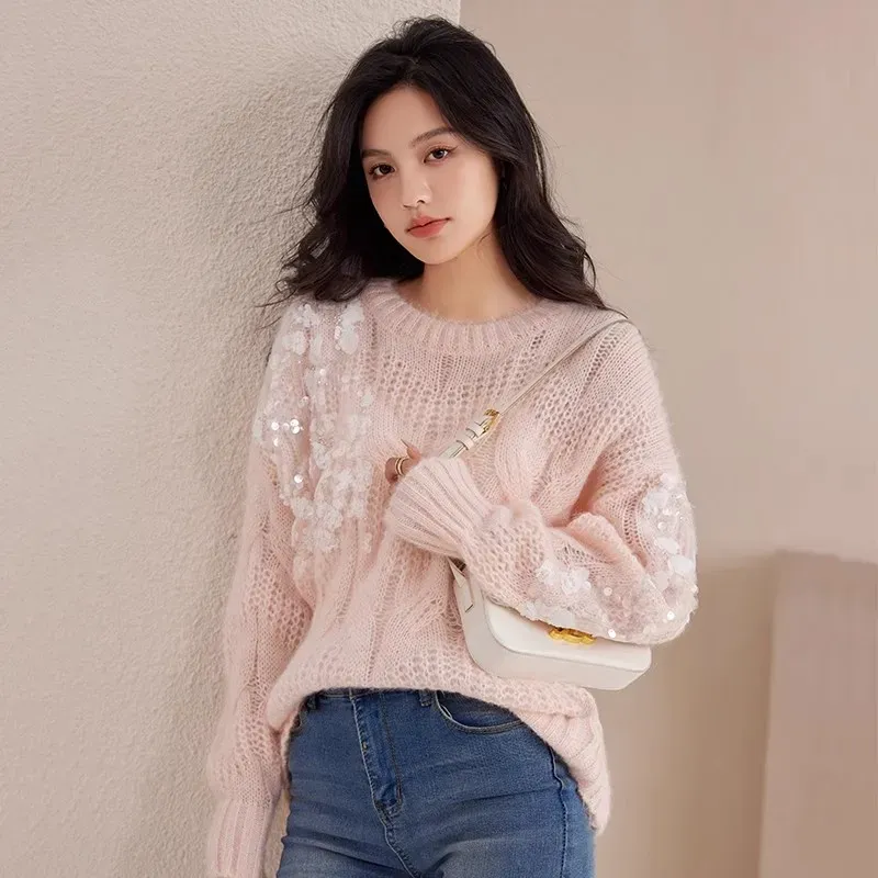 Pullovers JSXDHK New Arrival Pink Sequins Mohair Knitted Pullover Sweet Fashion Designer Women O Neck Hollow Out Soft Loose Sweater Tops