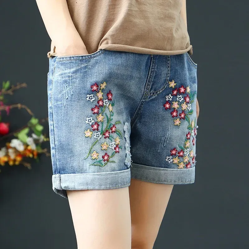 Damesshorts Jeans Borduren Bloemengaten Katoenen Denim Shorts Dames Zomer 2022 Casual losse korte femme