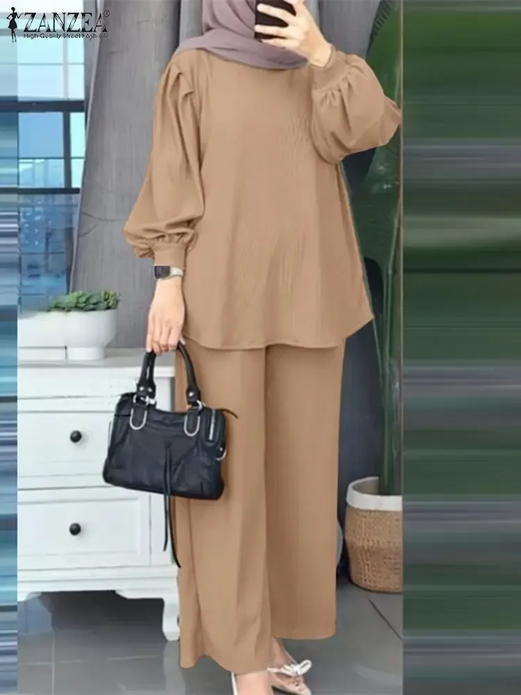 Kleding Vrouwen herfst moslimsets mode mode met lange mouwen blouse brede been broek zanzea elegante solide abaya suit isiamic outfits trainingspakken