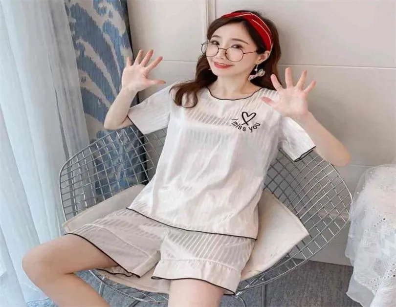 Faux Silk Pajamas Set Spring Summer Woman Sleepwear Casual Shortsleeved Trousers Satin Female Home wear 2108314556272