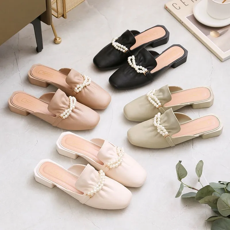 Nya Baotou Sandaler och tofflor Kvinnors söta pärlkedja Muller Shoes Spring och Summer Lazy Slippers