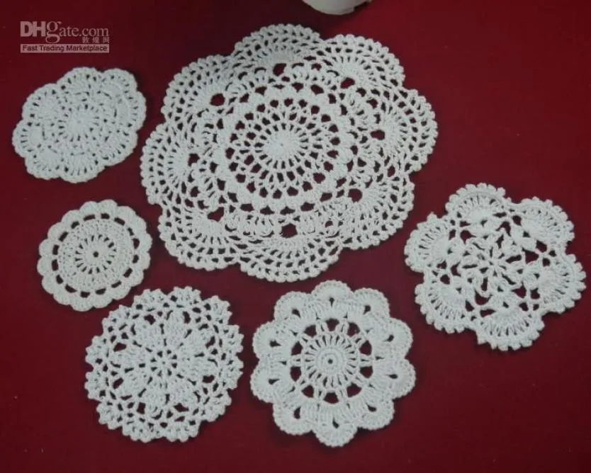 Whole 100 cotton hand made crochet doily table cloth 6 designs custom wedding decoration crochet applique 30PCSLOT ZJ0014986865