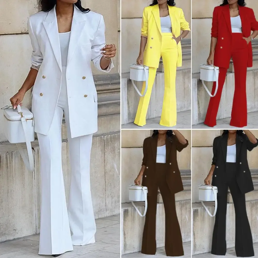 Suits 1 Set Women Blazer Pants Solid Color Wide Leg Autumn Winter Double Breasted Lapel Suit Set for Office