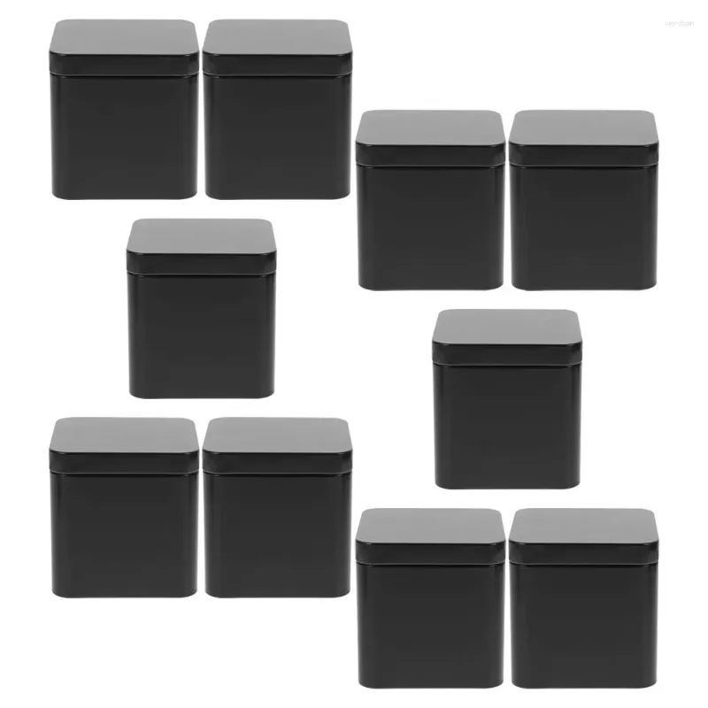 Storage Bottles Airtight Tea Tins Tinplate Small Square Portable Metal Can Set 10pcs (black) Gift Boxes Jars