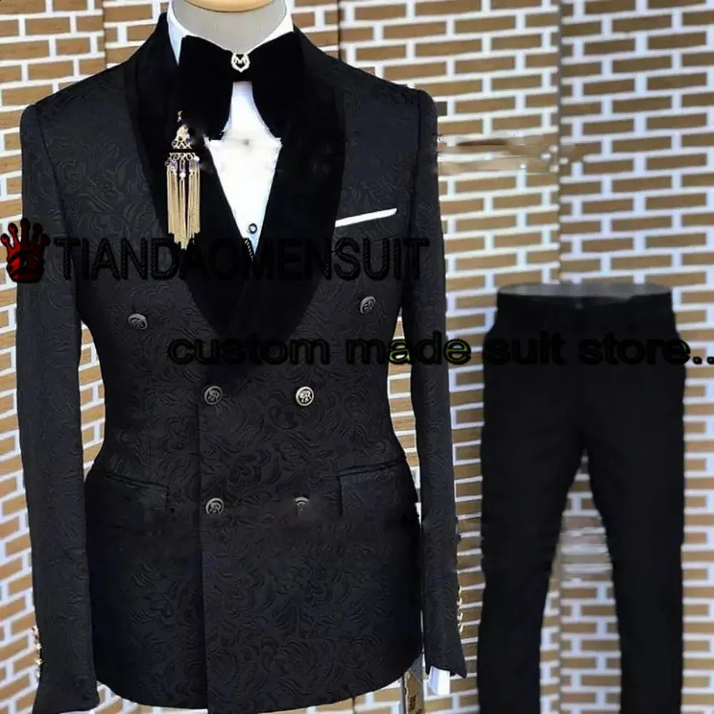 Erkek Takım İki Parçalı Düğün Smokin Damat Çift Orman Kruvaze Set Jacquard Resmi Yakası Blazer Pantolon Conjuntos de Chaqueta 240227