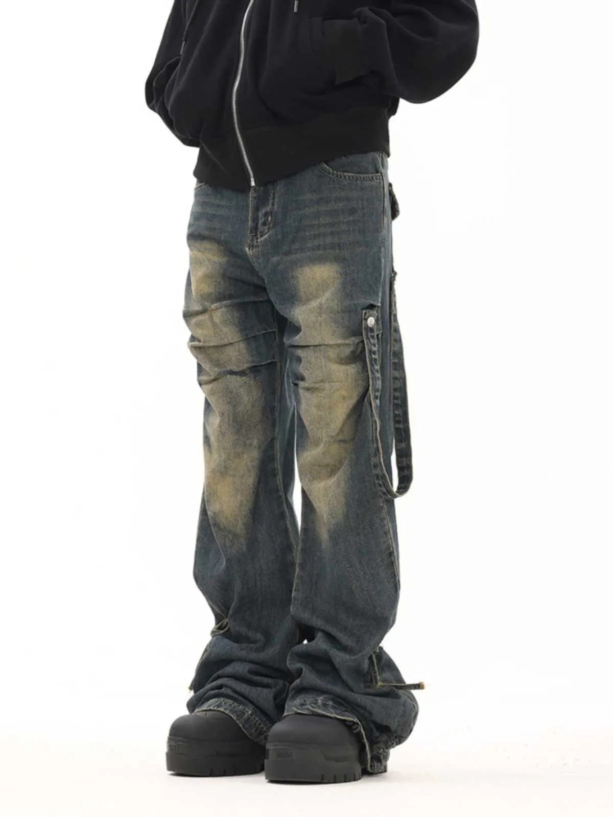 Męskie spodnie BTSG retro plisowane wstążki Mikro Flearne dżinsy z niszowym projektem Cleanfit Zakażone spodnie na mopa podłogowe