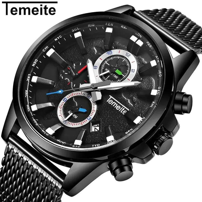 Temeite New Original Men's Watches Top Brand Sport Business Watch Men Clock Date Mesh Strap Wristwatches Male Relogio3188