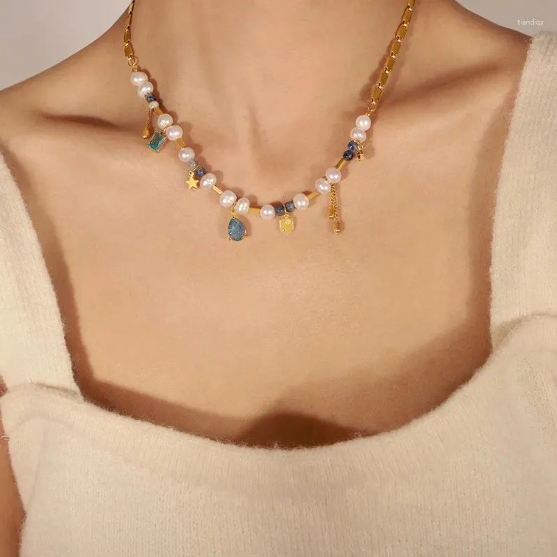 ALLME – collier ras du cou rétro en perles d'eau douce, pierre naturelle, Zircon, cœur, étoile, pendentif pour femmes, en acier titane plaqué PVD