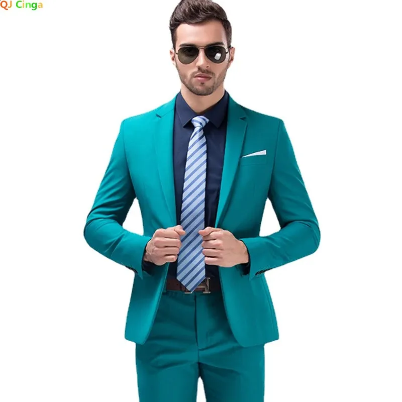 Slim Mens Suit 2 Piece Set Jacket Pants Wedding Party Men Blazer Coat med byxor Blue White Black Grey Purple 240227