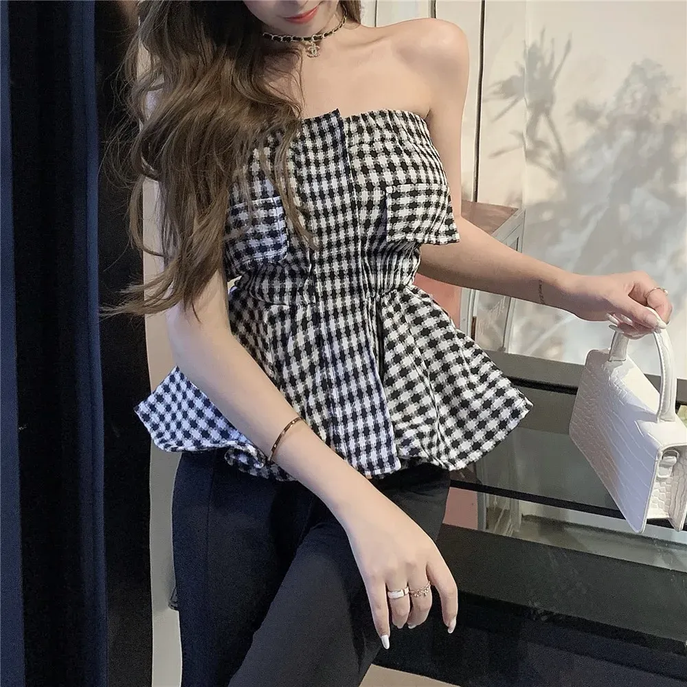 Camis filles élégant volants Plaid bustiers femmes extensible enveloppement Tubes Bandeau court sans bretelles Camisole haut court pour femme