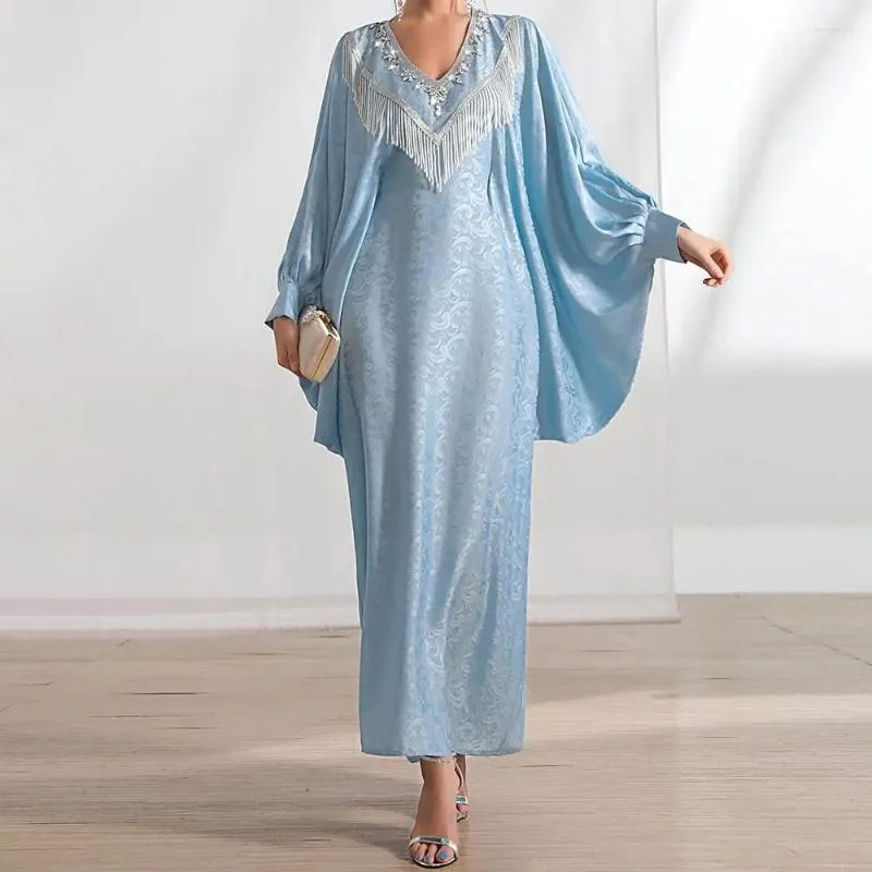 Ethnic Clothing Beaded Tassel Abaya For Women Eid Ramadan Jalabiya Batwing Sleeve Maxi Dress Dubai Turkey Kaftan Islamic Party Gown
