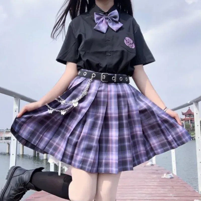 Ternos japoneses harajuku conjunto de três peças xadrez mini saia feminina uniformes escolares saia aline doce cintura alta feminino kawaii ternos conjuntos