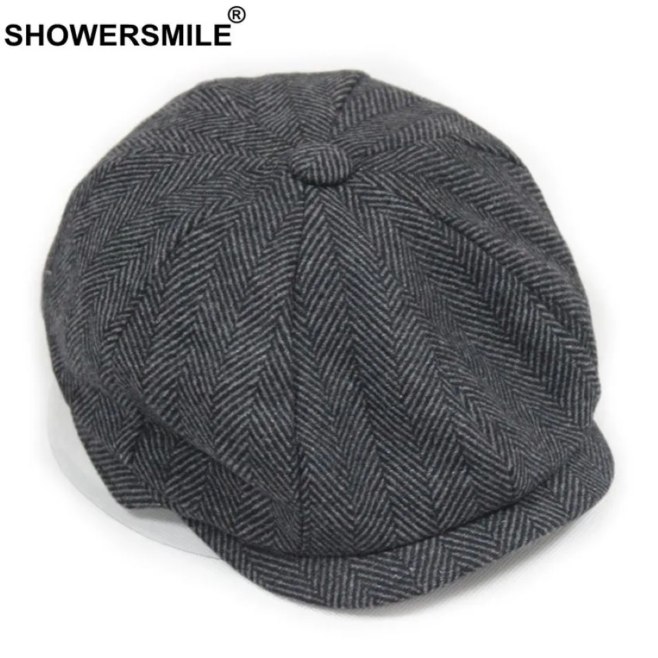 Showersmile Black Grey Wool Hat Man Newsboy Caps Herringbone Tweed Warm Winter Octagonal Hat Male Female Gatsby Retro Flat Caps S1341D