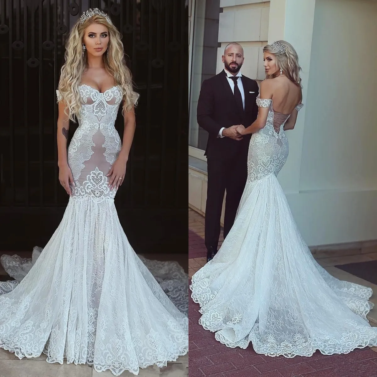 Simple Mermaid Wedding Dress Off the Shoulder Bridal Gowns See Through Lace Up Bride Dresses Custom Made Vestido de novia