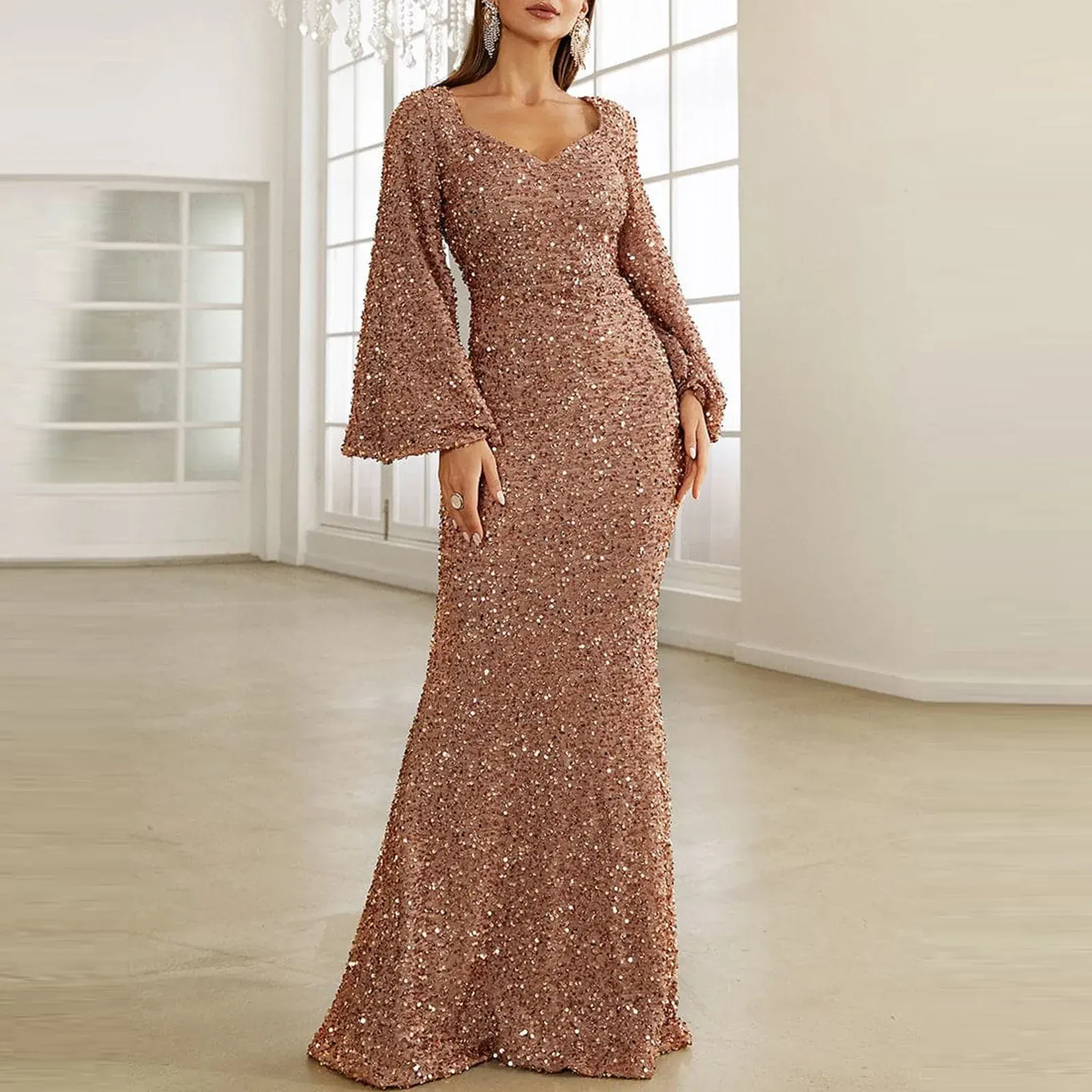 Kleid, figurbetont, mit Pailletten, Shinny-Abendkleid, Damen-Maxikleid mit ausgestellten Ärmeln, elegant, mittlere Taille, langes Partykleid, Hochzeitsgast-Kleider