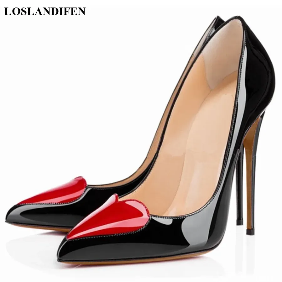 Dresses Red Heartshaped Pointed Toe Women Shoes Black White High Heels Pumps Female Autumn Shallow Patent Leather Party Dress Shoe Sexy