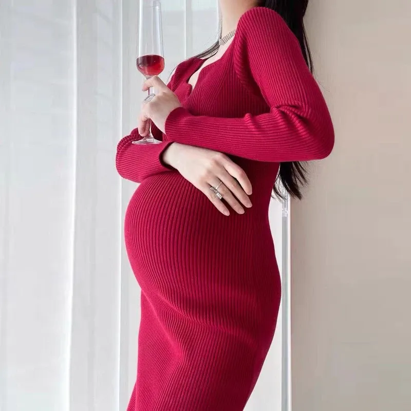 Dresses 2289# Autumn Sexy Hot Knitted Maternity Pencil Dress V Neck Charming A Line Slim Clothes for Pregnant Women Chic Ins Pregnancy