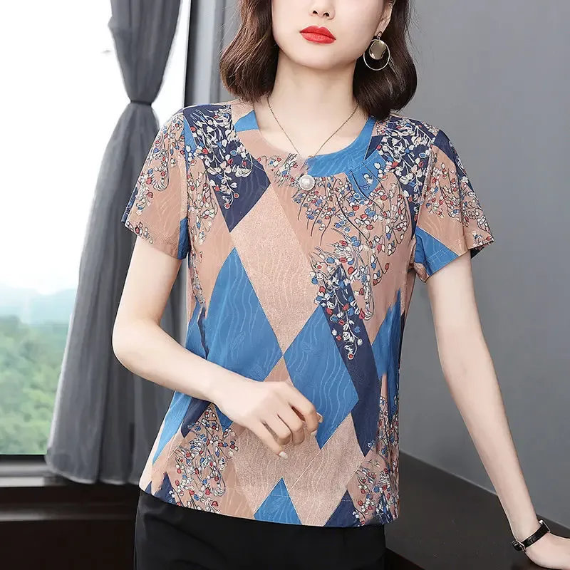 T-shirt Casual Vintage Beading Spliced Stylish Printed Tops Women's Clothing Summer Short Sleeve Loose Round Neck Chiffon Tshirt Female