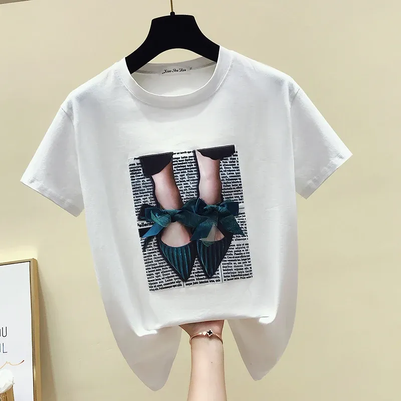 T-shirt gkfnmt 2021 Estate Cotone Bianco Nero Magliette Manica corta Casual Maglietta da donna Oneck Slim Applique Tee Shirt Femme