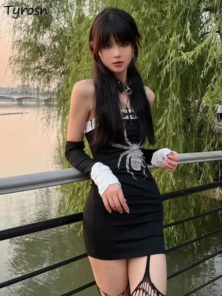 Vestido estampado de araña sin mangas Mini vestido de Mujer con puño Y2k Ropa gótica vaina Sexy Kawaii Harajuku negro Vestidos Emo Ropa Mujer