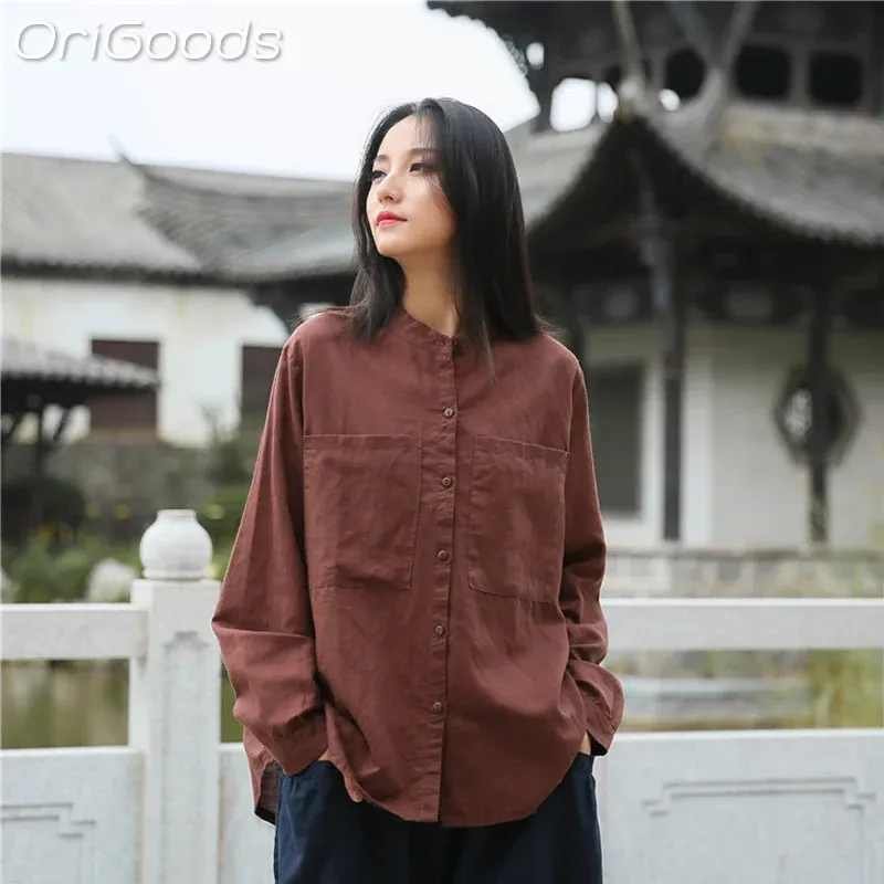 Shirt OriGoods Chinese Style Linen Shirt for Women National Style Loose Long Sleeve Shirts Spring Autumn Zen Linen Blouse Tops B064