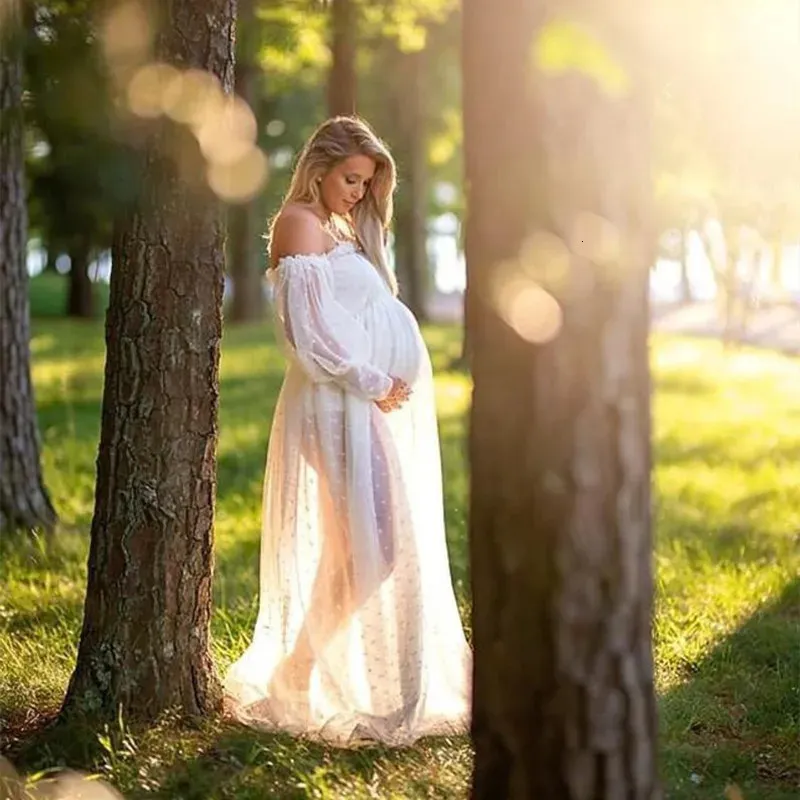 Robe de maternité en Tulle à pois blancs, accessoires de photographie, transparente, manches longues lanterne, 240301