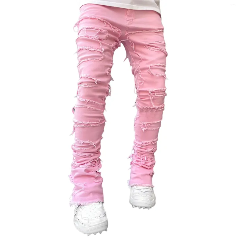 Calças femininas masculinas regular ajuste empilhado jeans remendo angustiado destruído reto denim streetwear roupas casuais jean