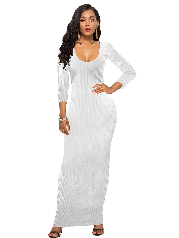 Klänning 2023 Summerklänningar för kvinnor Solid Vneck Threequarter Sleeve Bodycon Dress Vestidos de Mujer Casual Elegant Maxi Robe Female