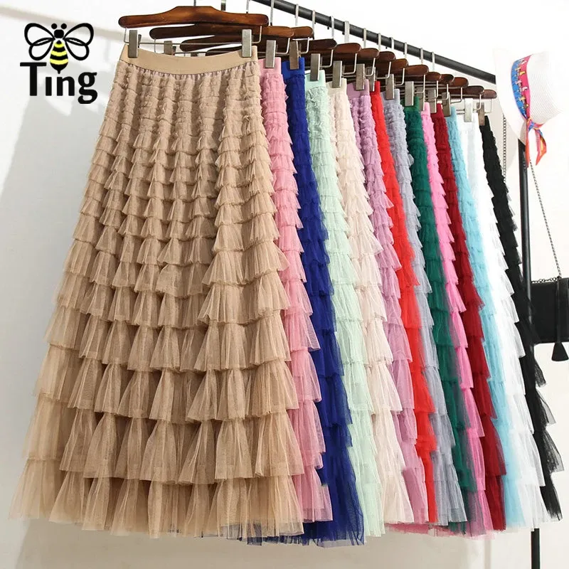 skirt Tingfly Women Runway Fashion Layered Ruffles High Quality Mesh Sheet Midi Long A Line Skirts Casual Basic 4 Seasons Bottom