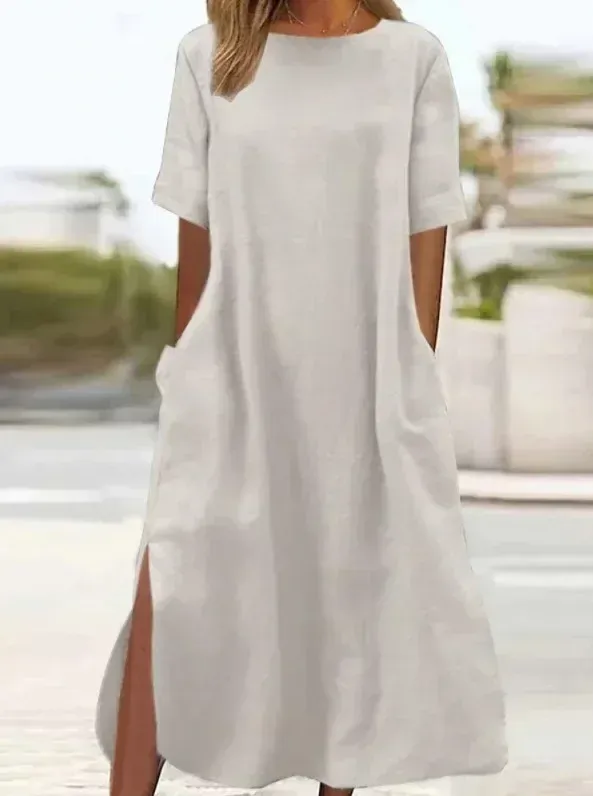 Klänning 2023 Autumn Cotton Linen Women's Long Dress Oneck Pocket Casual Dresses Female Trendy Fashion Oversize Loose Clothes Ladies