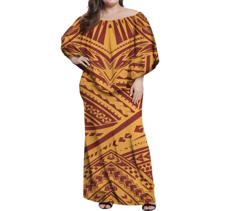 Robes décontractées HYCOOL Polynésien 2021 Automne Robe Femmes Plus Taille Élégant Hawaii Tribal Imprimer Sans Manches Slash Col Vintage Party2519134