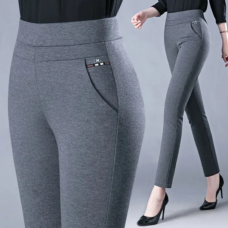 Capris primavera outono mulheres de meia idade cintura elástica casual calças retas femininas selvagem magro listra preto cinza lápis calças 5xl