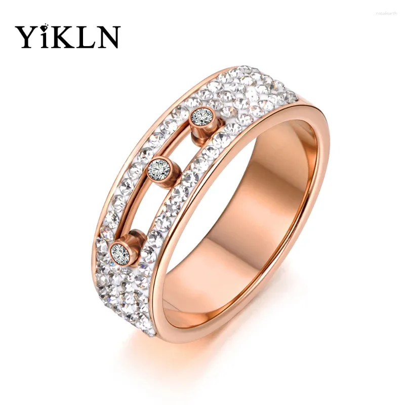 Con piedras laterales YiKLN Compromiso de color oro rosa 4 filas Dedo de cristal 3 Anillo CZ deslizable para mujeres Anillos de boda Joyería de acero inoxidable