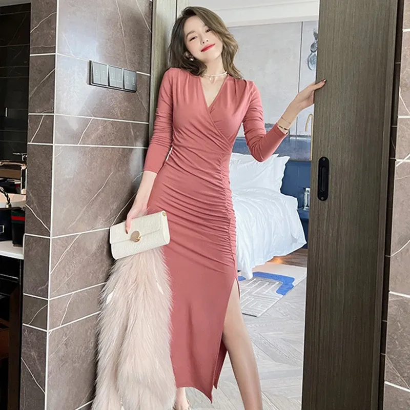 Dress Fashion Women Vintage Sexy Street Clothes VNeck Hollow Midi Party Dress Elegant Temperament Robe Folds Female Dress With Slit