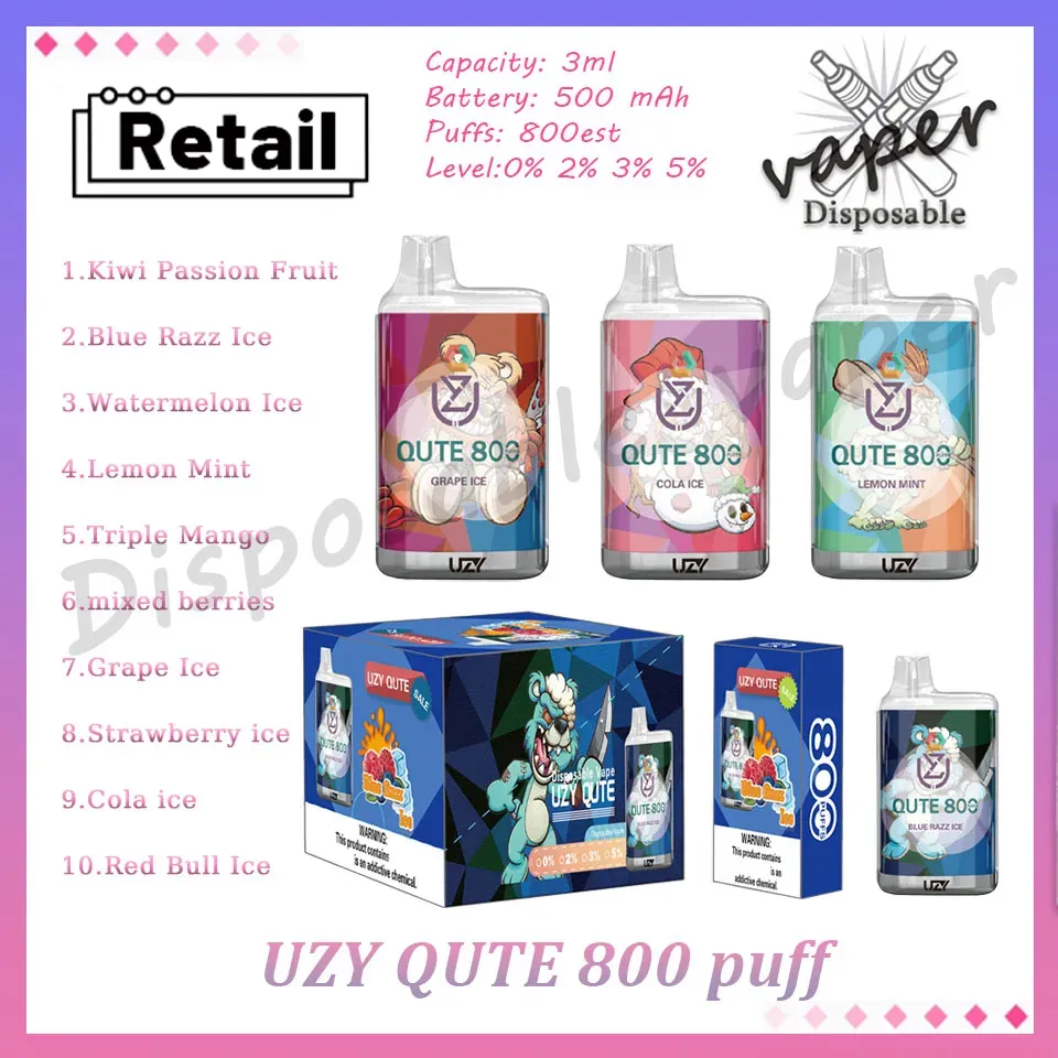 Retail Uzy Qute 800 Puff Disposable E Cigarett 3 ml Förfylld POD-mesh-spole 0% 2% 3% 5% RBG Light 10 smaker i Stock Puffs-vapes