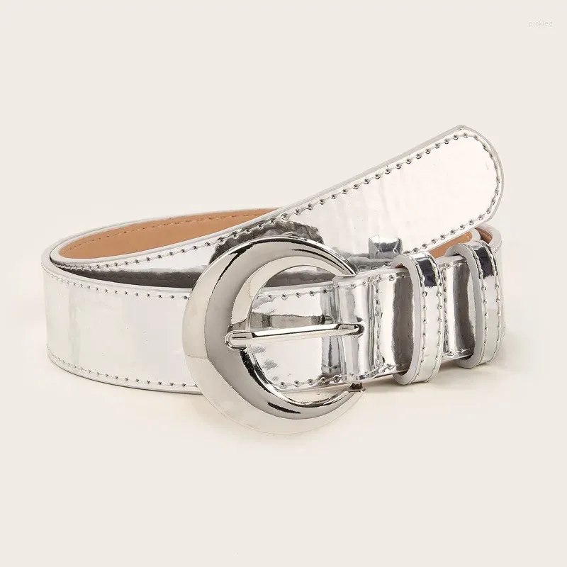 Belts Decorative Women's Belt Mirror Leather Round Silver Buckle Versatile Simple And Retro Jeans Trendy