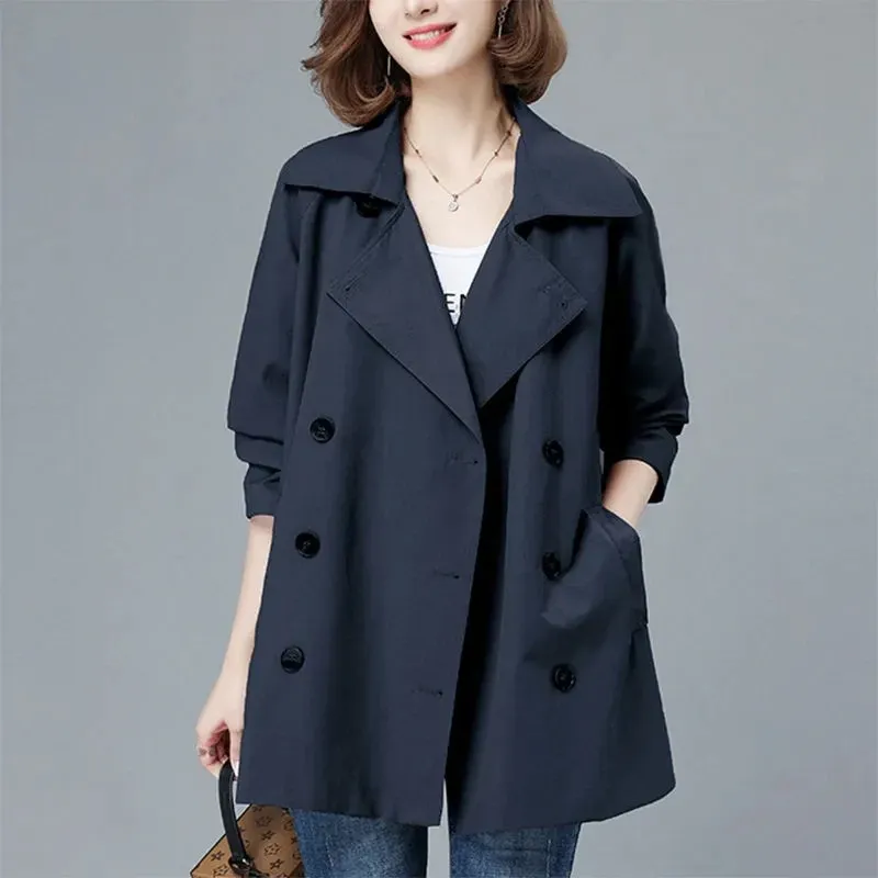 Trench 2023 Ny Spring Trench Coat Women Windbreaker Autumn Double Breasted Fashion Loose Khaki Navy Blue Cardigan Ytterkläder Kvinna