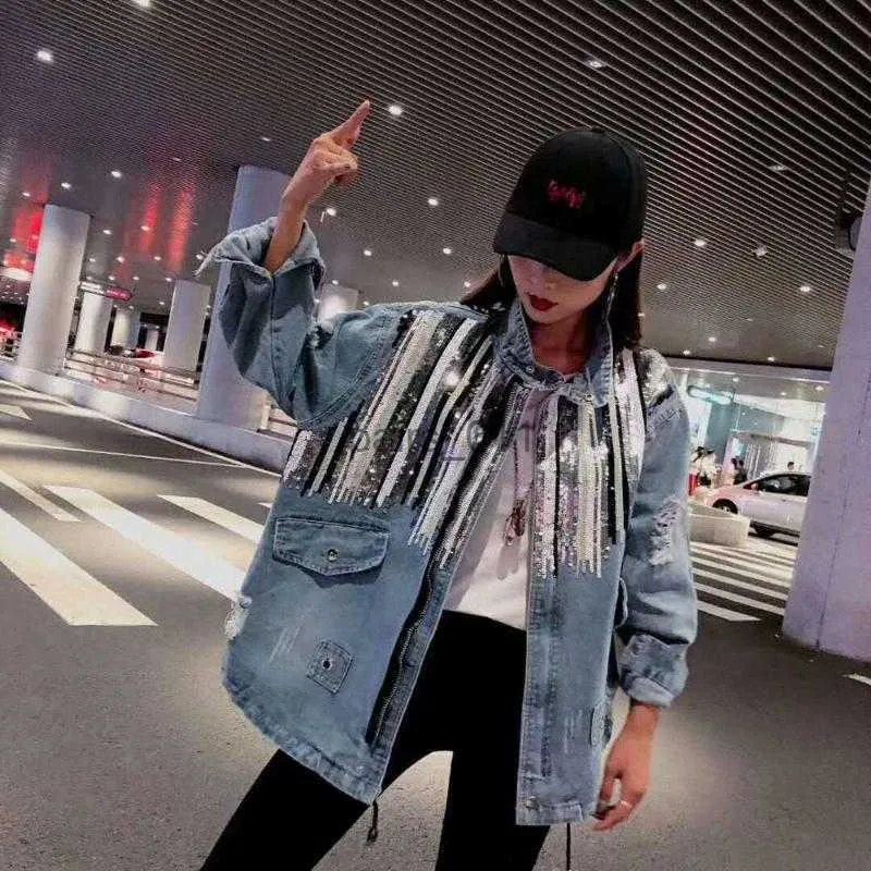 Women's Jackets Jackets Spring Arrival Ladies Ripped Jeans Coat Drawstring Cotton Denim Oversize Sequins Jean 240305