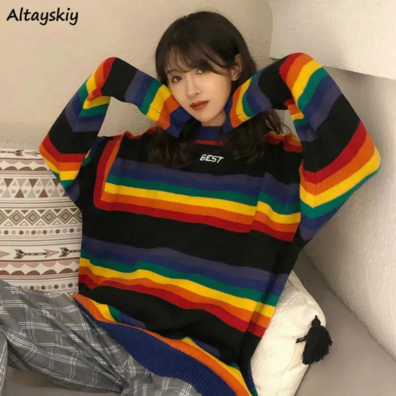 Pullover Winter Loose Crewneck Rainbow Striped Sweater Ulzzang Chic Selling Knitwear Jumper Sweet Girl Trendy Fit 240228