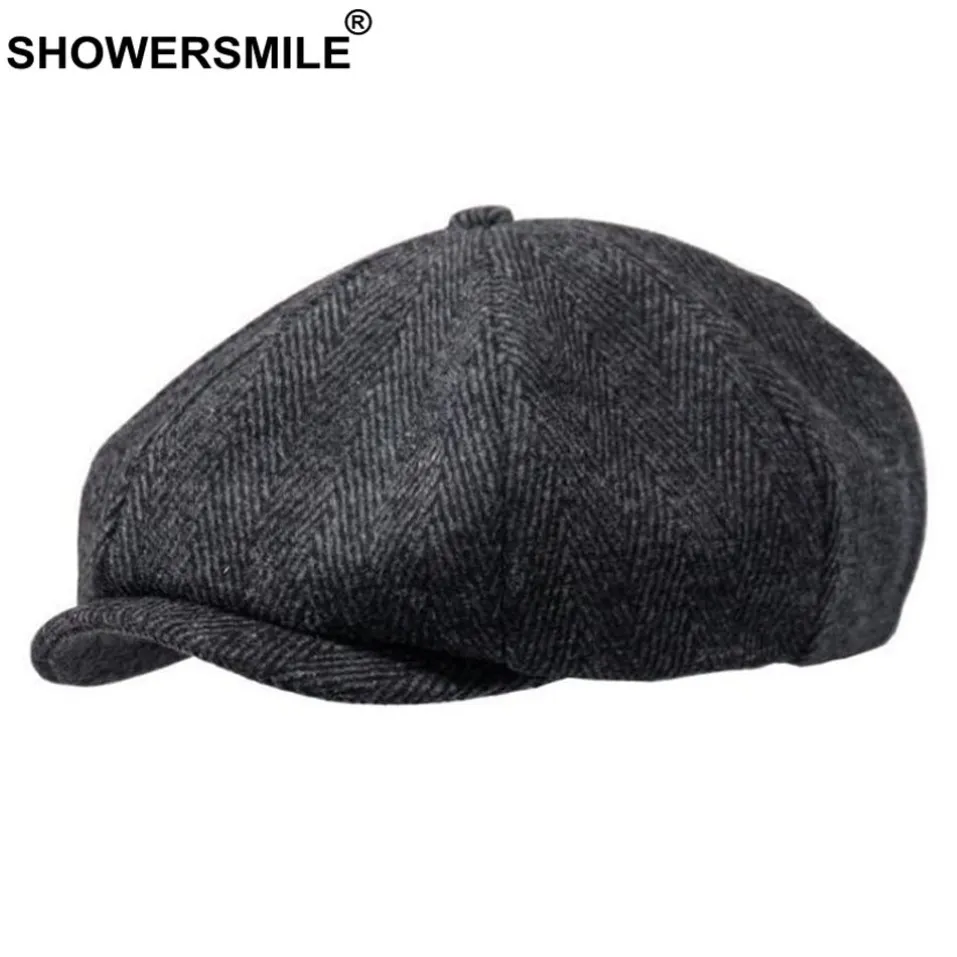 SHOWERSMILE Brand Wool Newsboy Caps Men Grey Herringbone Flat Caps Women Coffee British Gatsby Cap Autumn Winter Woolen Hats280p