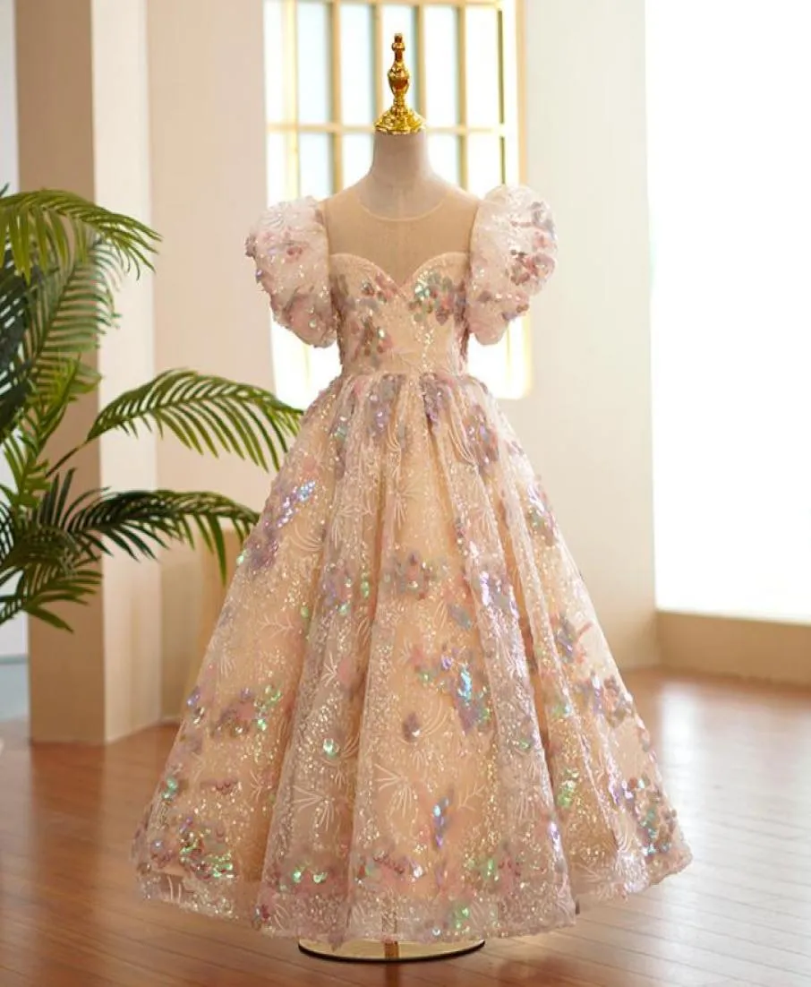 2022 Bling Beaded Crystal Flower Girls Dresses for wedding Tulle Floor Length Beach Girl Pageant Birthday Party Gowns Tulle Skirt 8073792