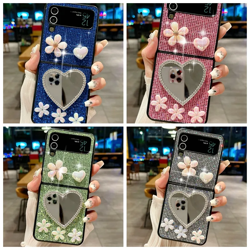 ZFlip5 Bling Diamant Spiegel Hüllen für Samsung Galaxy Z Fold 5 4 Flip 3 Fold5 3D Herz Liebe Blume Mädchen Dame Harter PC Kunststoff stoßfest faltbar Luxus Shinny Handyhülle