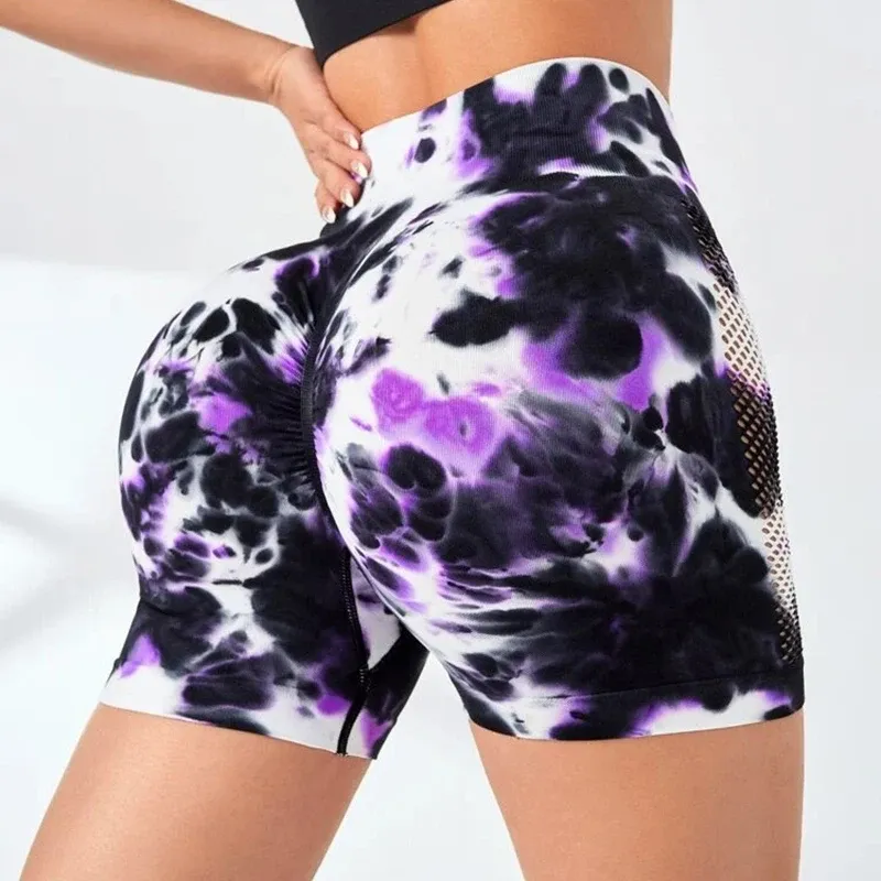 Shorts ASHEYWR Seamless Tie Dye Shorts Women High Waist Push Up Hollow Fitness Shorts Sexy Slim Elastic Workout Short Pants Female