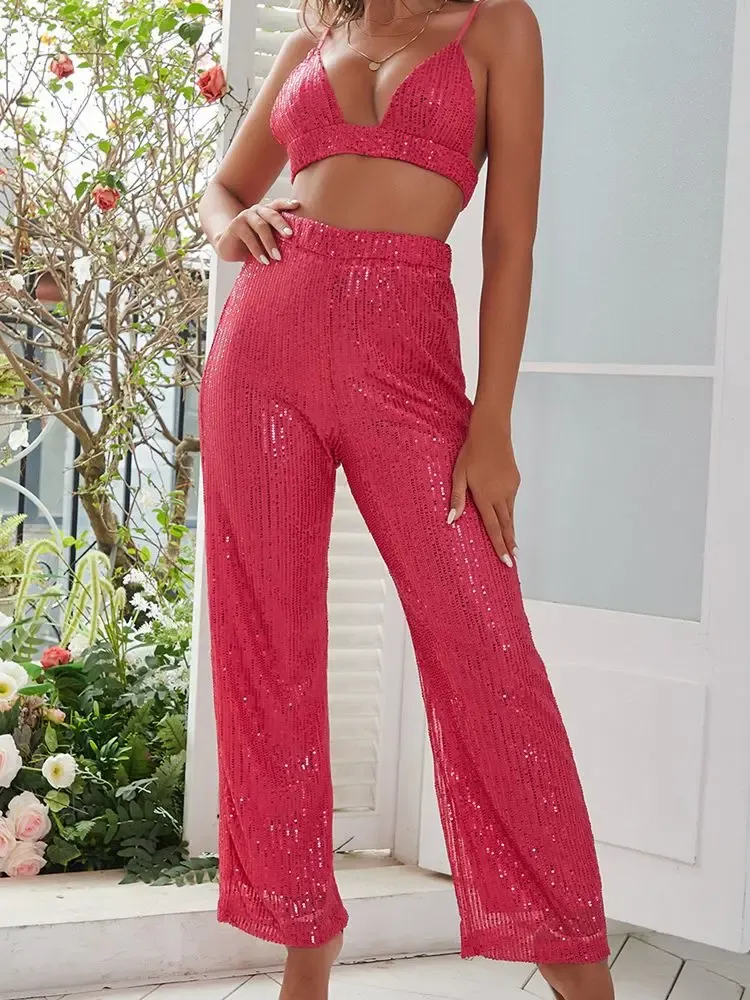 Cover-up Women Sequins Wide Leg Pants High Waist Party Club Beach Sexy Trousers Female Summer Fall Loose Long Pant Streetwear