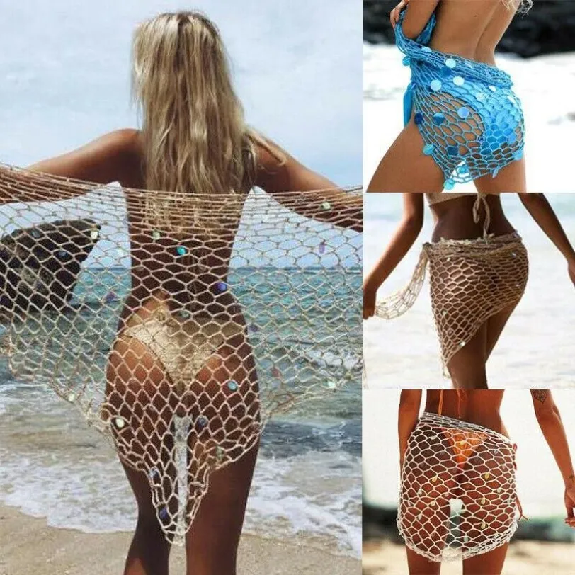 Kvinnor sommar sexig netbikini cover-ups lady girls strand klänning badkläder spets virkning simma omslag baddräkt wrap sarongs244g
